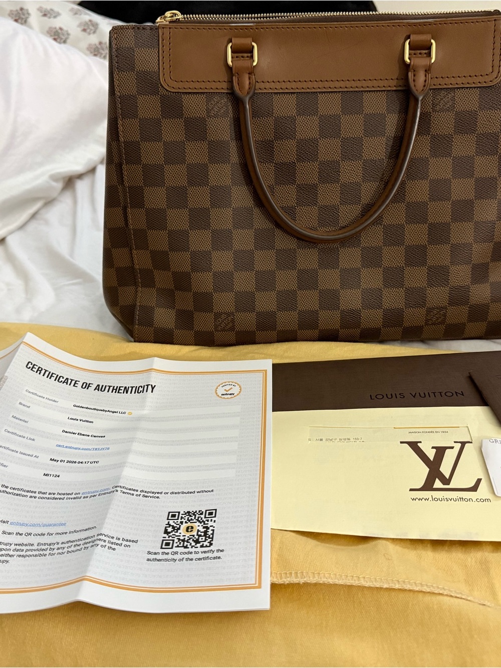 Louis Vuitton Brown Damier Ebene Satchel with Tan Trim